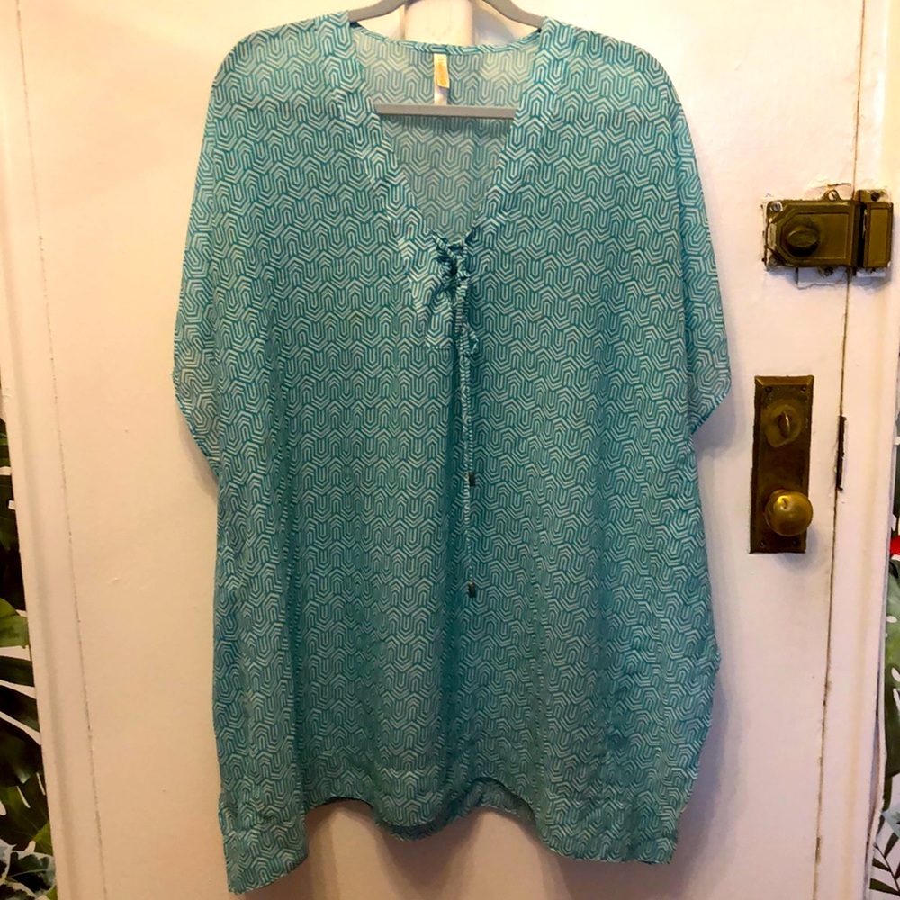 Helen Jon Aqua Print Cover Up Caftan Style Flowy